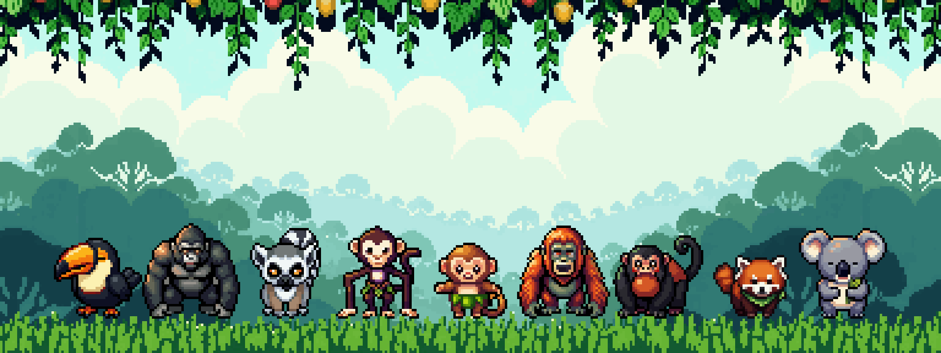 Pixel art of monkeys, a toucan, a lemur, a red panda, and a koala under a lush jungle canopy.