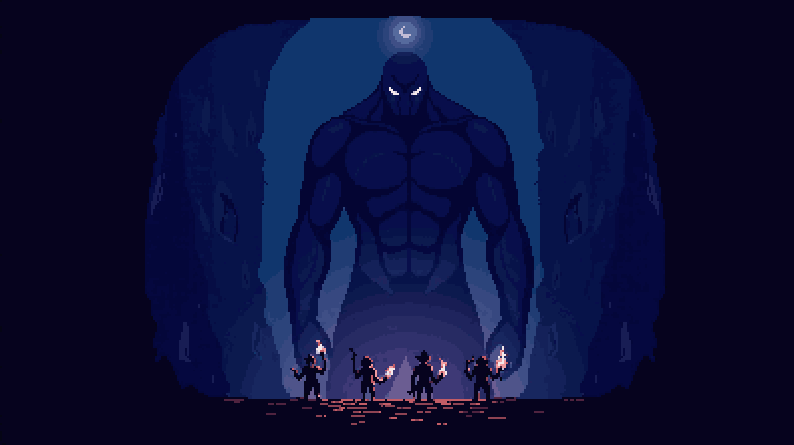 Pixel art of a shadowy presence towering over a small band of adventurers.