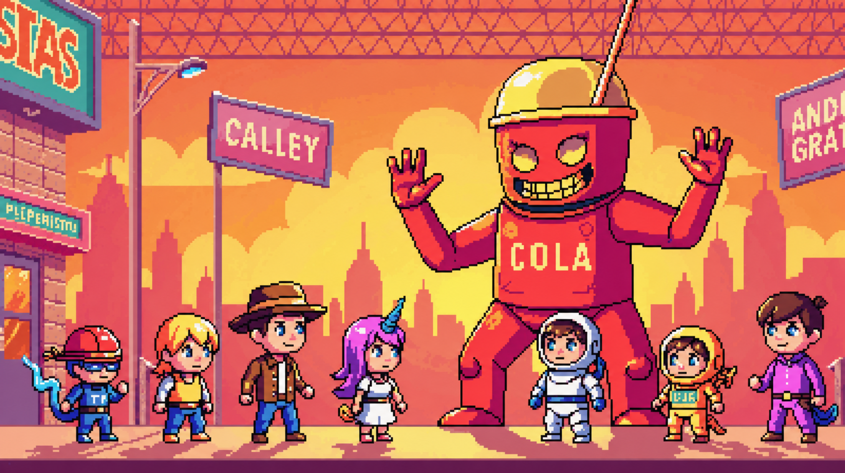 Colorful pixel art of a team of young heroes facing a mischievous giant soda cup.
